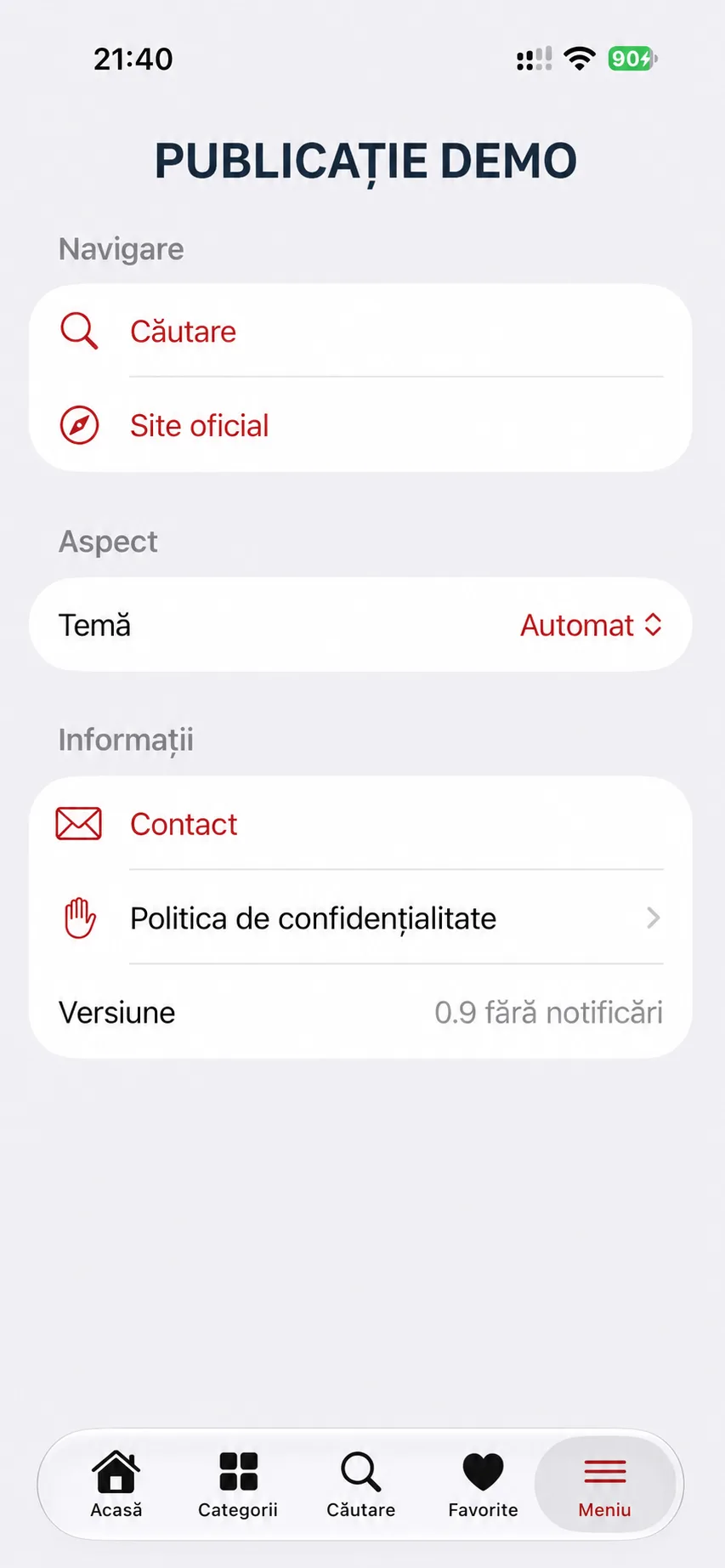 Setări și navigare în aplicația mobilă demonstrativă